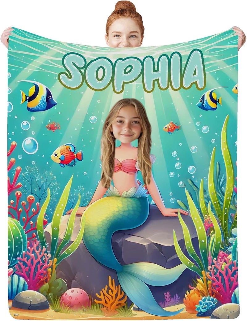Artsadd Mermaid Gifts for Girls Women, Personalized Mermaid Blanket with Photo and Name for Kids Adults, Custom Photo Blankets for Baby Infant Newborn Toddlers Christmas Birthday Shower Gifts - Image 1